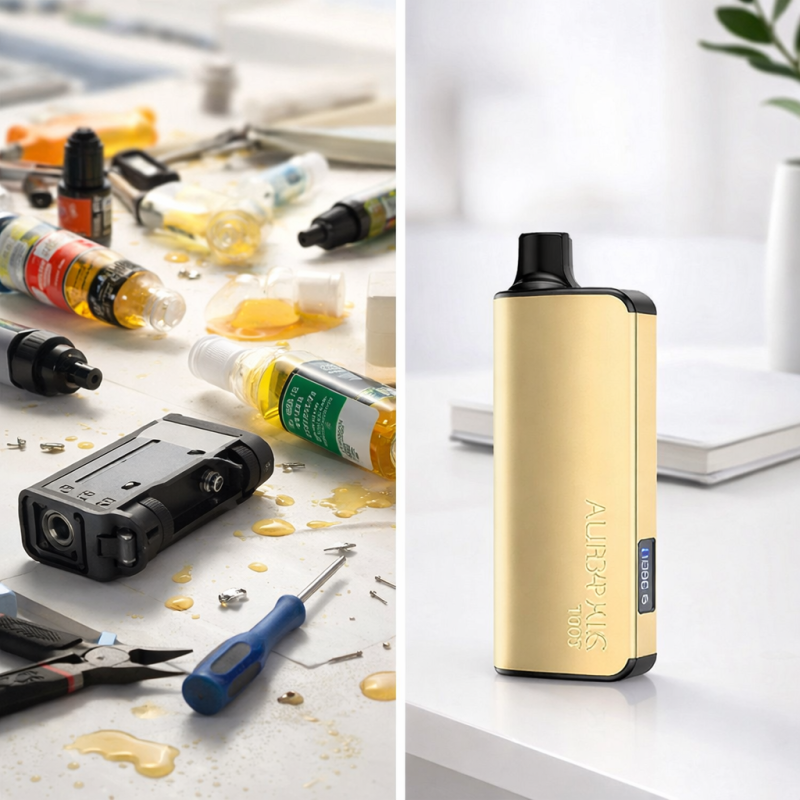 Comparison of messy refillable vape vs clean disposable vape.