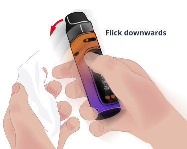 Demonstrating how to flick a disposable vape to clear leaking liquid.