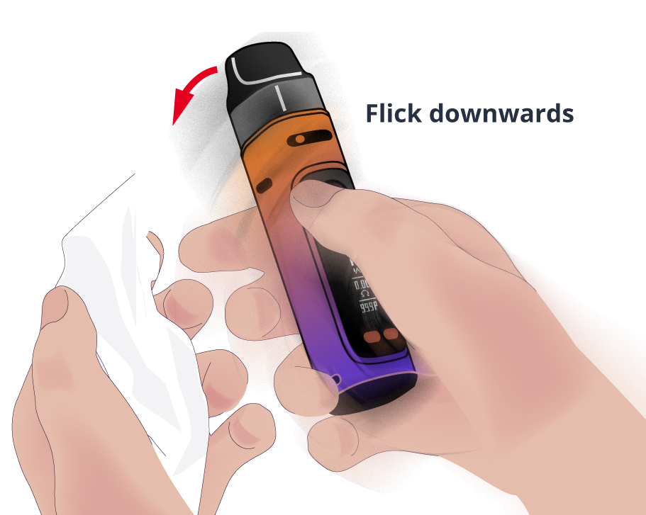 Demonstrating how to flick a disposable vape to clear leaking liquid.