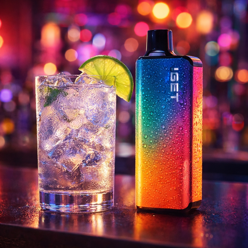 IGET disposable vape paired with a refreshing cocktail drink.