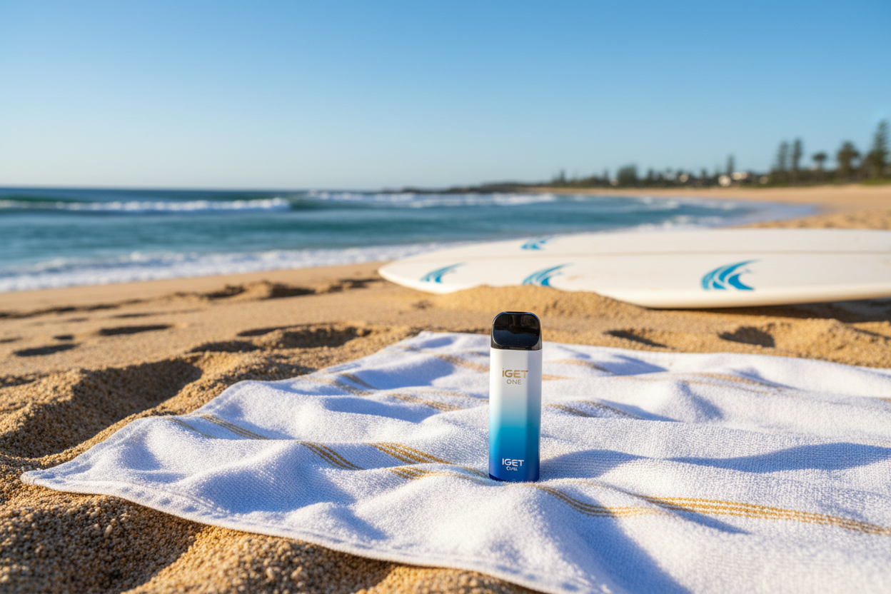 IGET One disposable vape on an Australian beach.