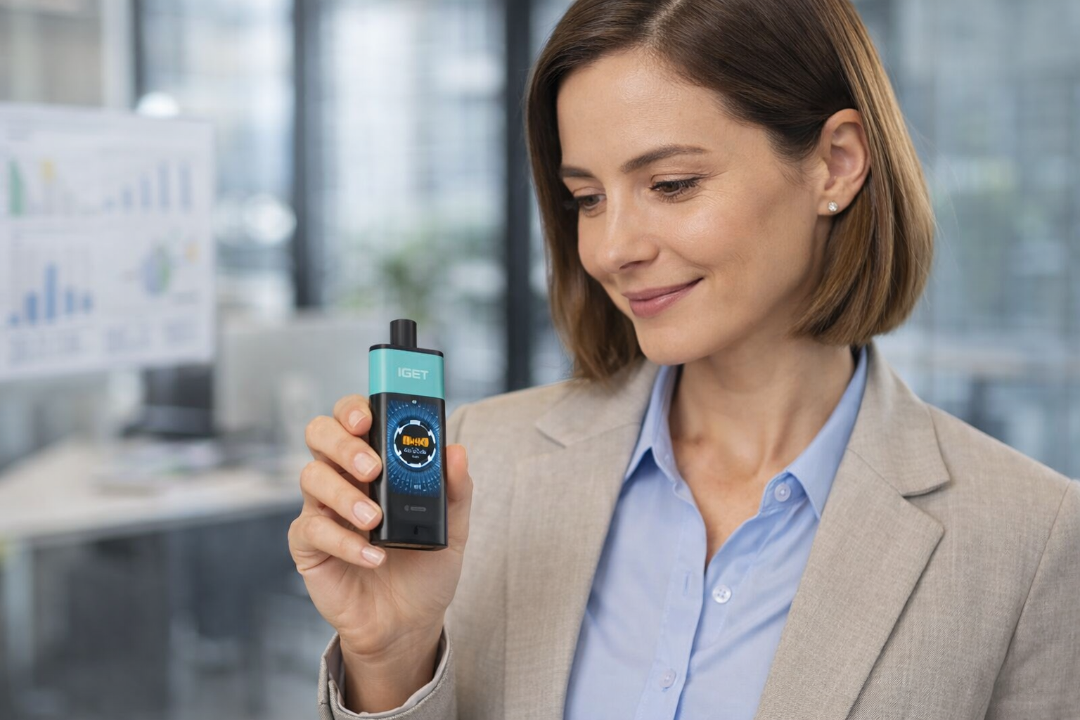 Professional woman checking battery level on IGET One smart vape.