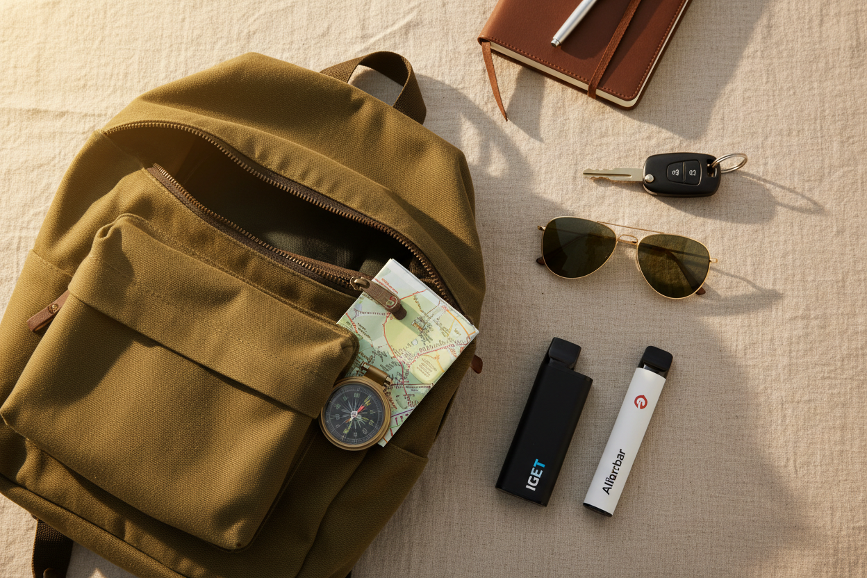 Travel essentials packing list including disposable vapes.