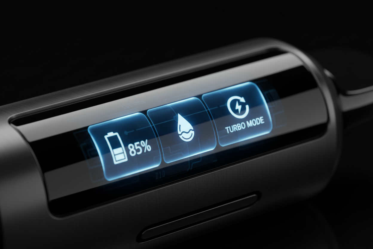 Close-up of the IGET One smart display screen showing battery and e-liquid levels.