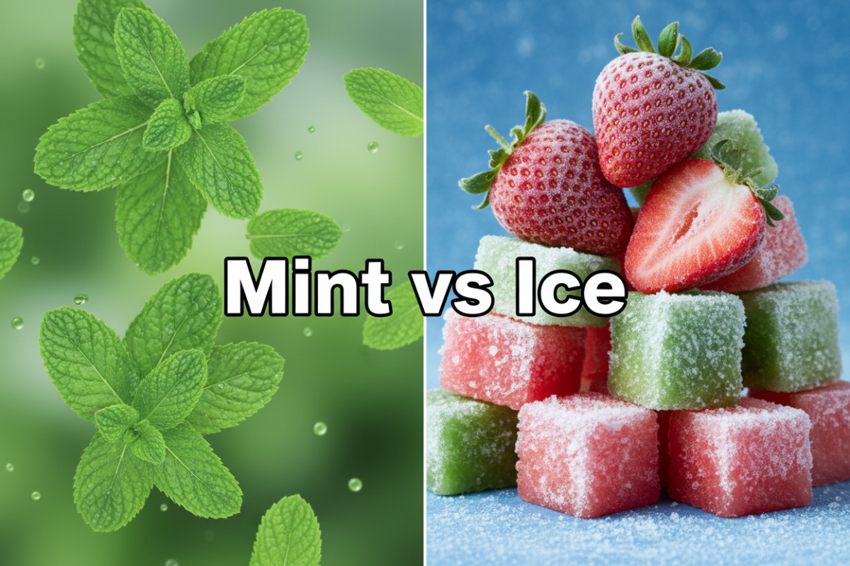 Visual comparison of fresh mint leaves versus frozen fruit to illustrate Mint vs Ice vape flavours.