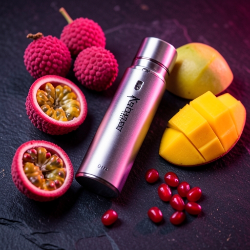 A premium disposable vape surrounded by exotic fruits like lychee and passionfruit.