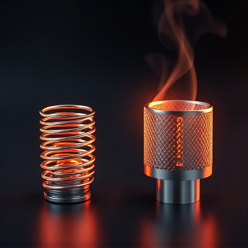 3D rendering comparing a traditional wire coil with a modern mesh coil for vaping.